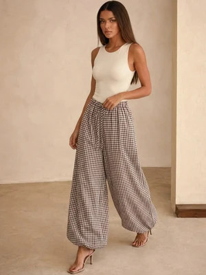 Drawstring Plaid Loose Balloon Pants | Commense