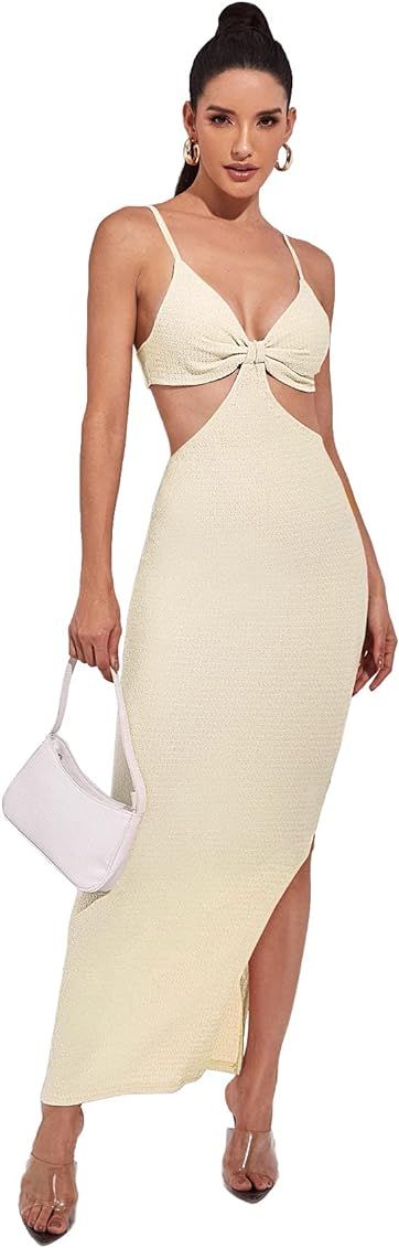 SheIn Women's Split Cut Out Maxi Bodycon Dress Sleeveless Backless V Neck Ribbed Knit Slit Dresses | Amazon (US)