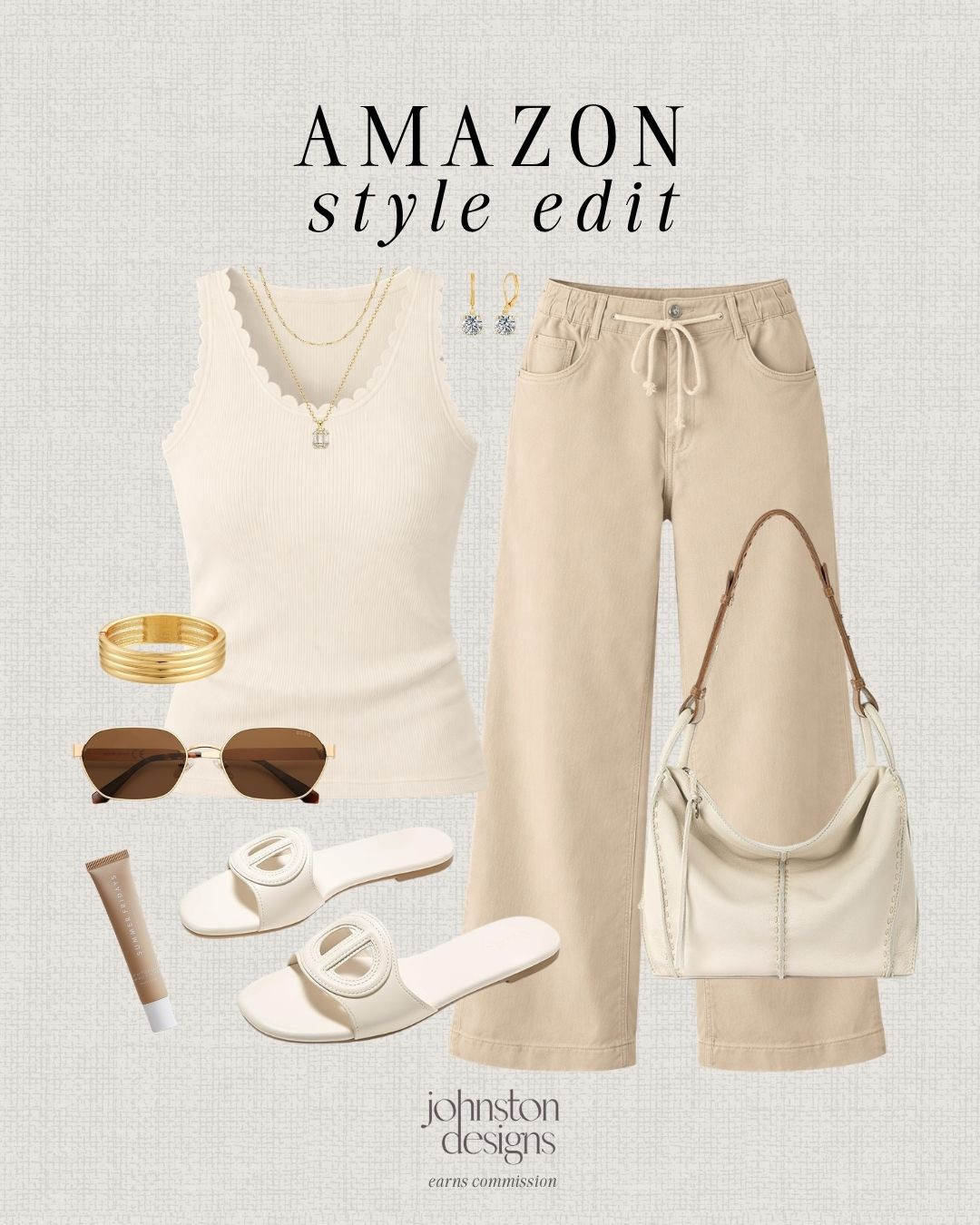 Amazon neutral outfit featuring a scalloped tank, drawstring pants, slide sandals and a slouchy bag for an effortless everyday look. ✨

amazon fashion, neutral outfit, casual outfit, everyday style, minimal outfit, beige outfit, summer outfit, comfy chic, capsule wardrobe, effortless style 

 #LTKootd #LTKSeasonal