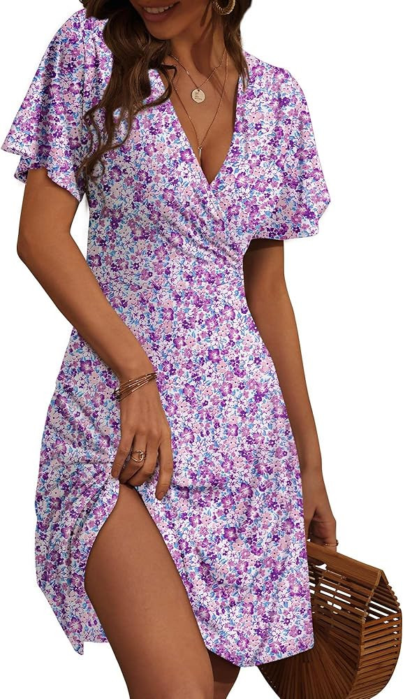 FENSACE Womens Sundress Summer Floral Short Sleeve Wrap V Neck A-Line Midi Dress | Amazon (US)