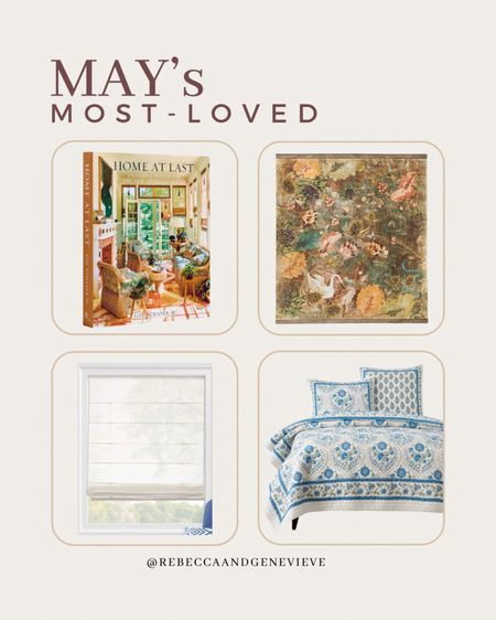 May most-loved things ❤️
1. My current favorite coffee table book. 
2. Honestly, this tapestry is a favorite almost every month!
3. Affordable, great quality roman shades from Amazon. 
3. Floral and colorful bedding perfect for summer. 