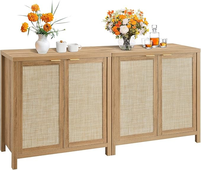 Rattan Sideboard Buffet Cabinet Set of 2 - Farmhouse Kitchen Coffee Bar Cabinet with Rattan Decor... | Amazon (US)