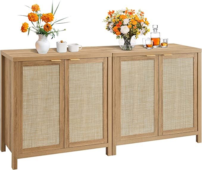 Rattan Sideboard Buffet Cabinet Set of 2 - Farmhouse Kitchen Coffee Bar Cabinet with Rattan Decor... | Amazon (US)