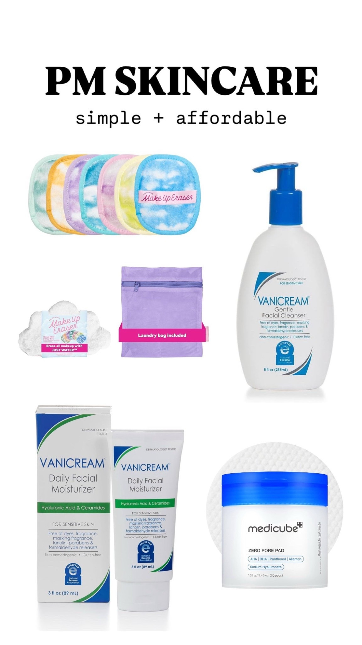 Bedtime skincare routine! Vanicream products are so good - super affordable and very gentle, they’ve worked great for my sensitive skin. I love using makeup erasers to remove my makeup- no products needed and this pack of little ones is so nice, love the little laundry bag, great for travel too! These viral toning pads are IT 

#LTKSaleAlert #LTKBeauty