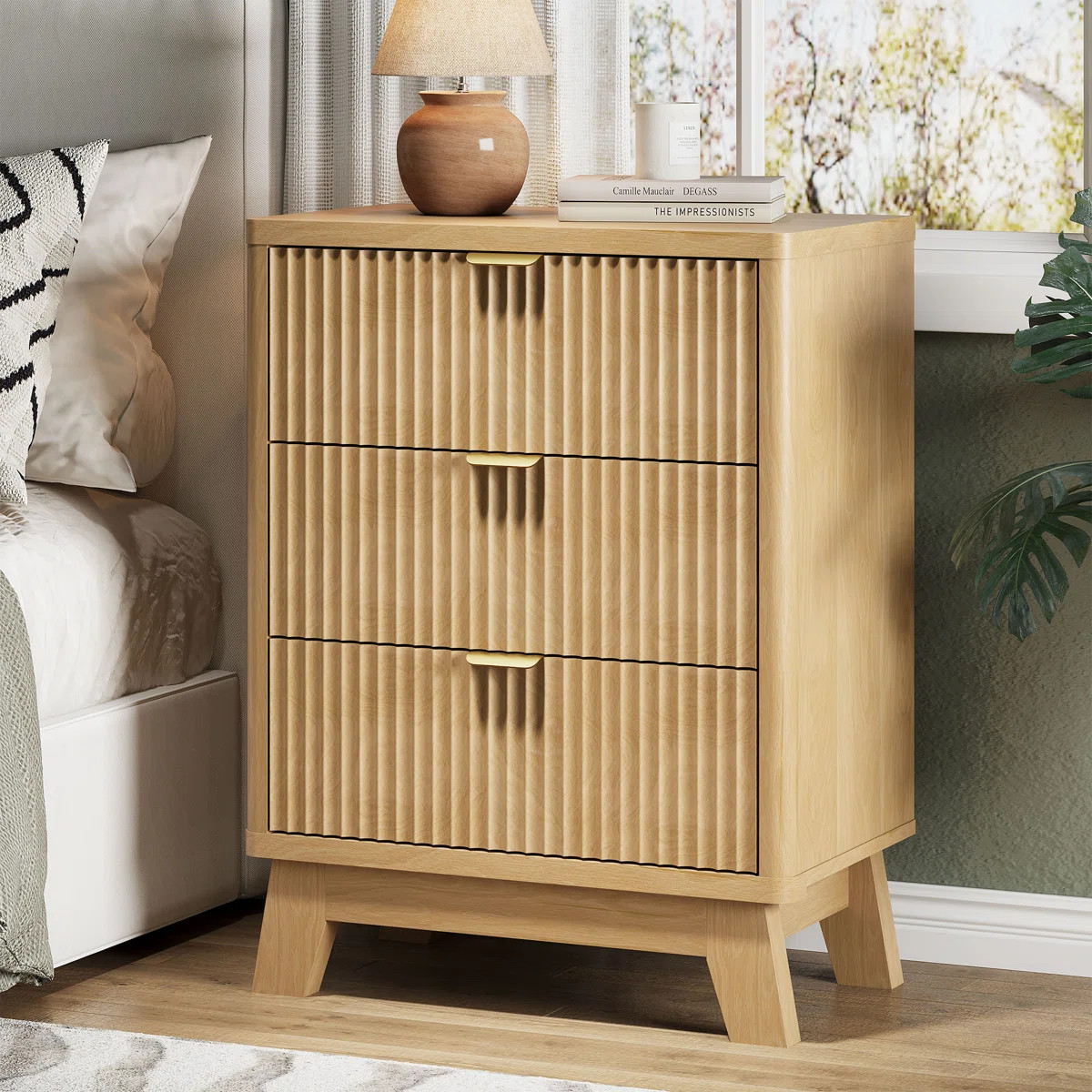 3-Drawer Fluted Nightstand with Storage, 24" Wide Mid Century Modern Bedside Table, Wooden End Ta... | Wayfair North America