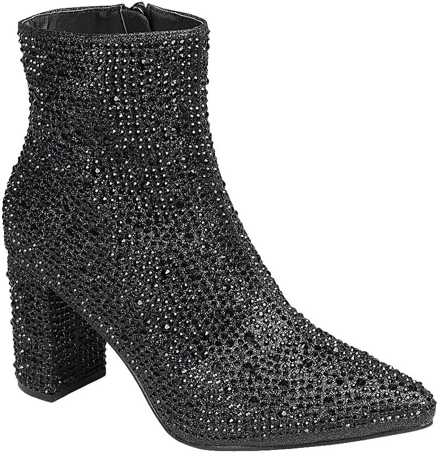 ABSOLEX Women Pointed Toe Rhinestone Block Medium Heel Ankle Booties | Amazon (US)