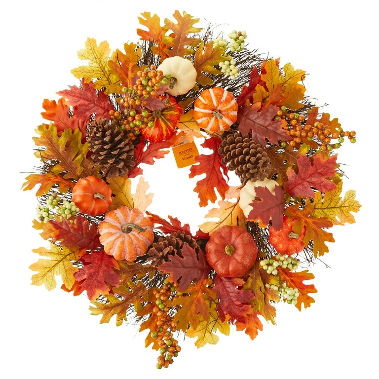 Harvest Wreath with Autumn Leaves & Pumpkins Wall Decor, 22 in, by Way To Celebrate (1.76 lb) | Walmart (US)
