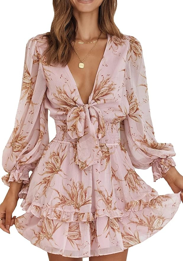 Astylish Womens Sexy Deep V Neck Tie Knot Ruffle Long Sleeve Floral Print Mini Dresses | Amazon (US)