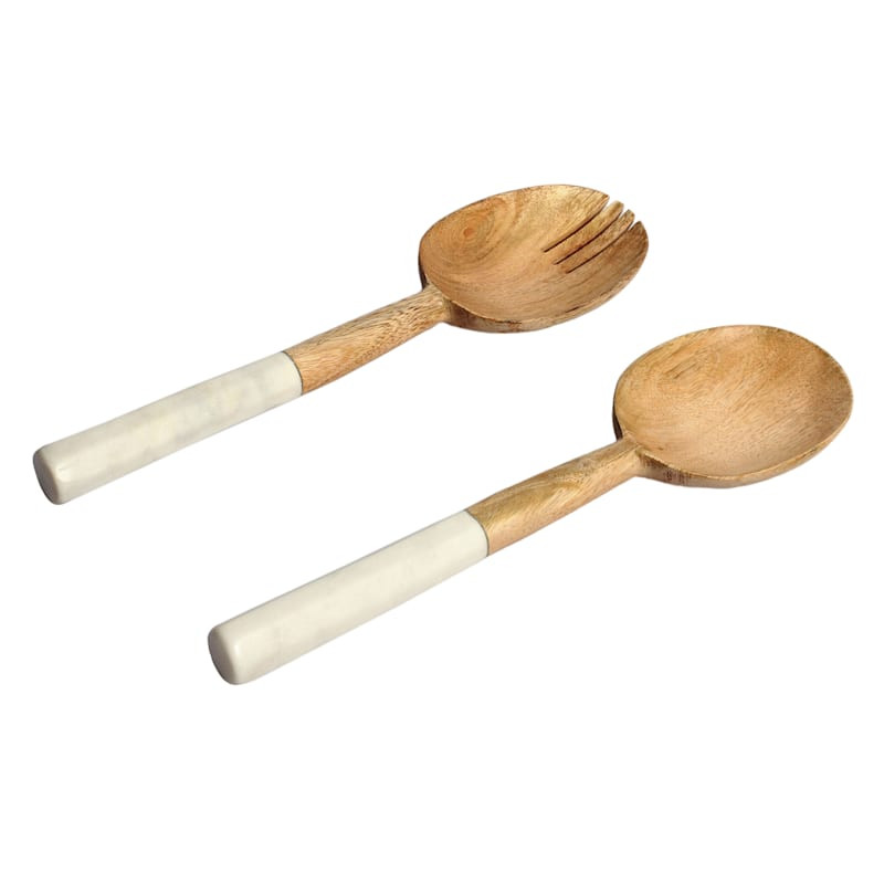 Set of 2 White Marble Handle Salad Servers | At Home