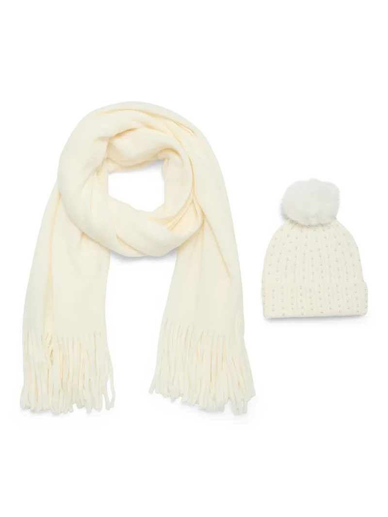 Madden NYC Women's Embellished Beanie Hat and Scarf Gift Set, 2-Piece, Ivory | Walmart (US)