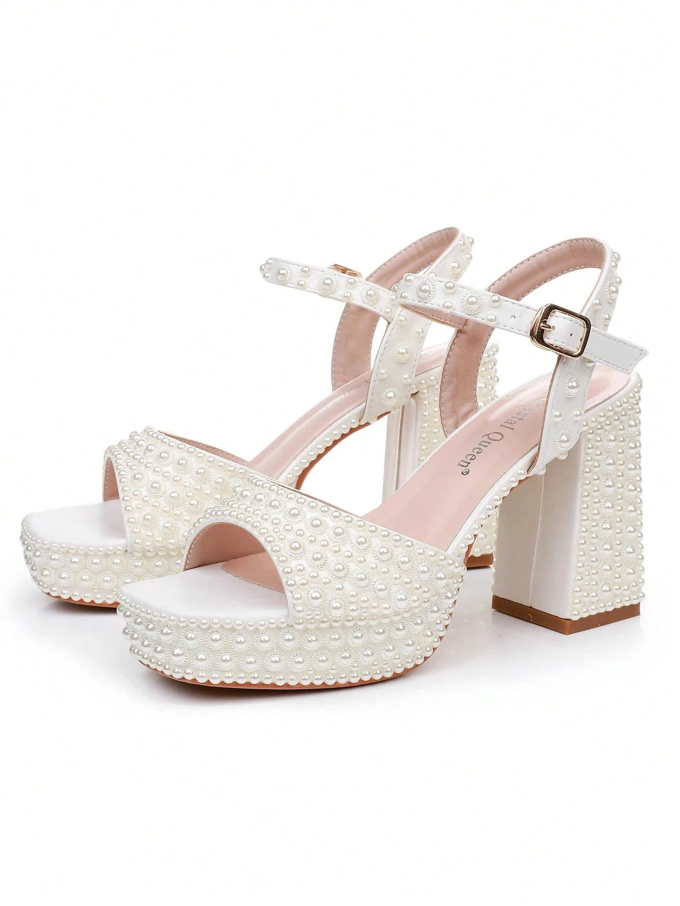 10cm Block Heel Thick Heel Sandals, Peep Toe Platform High Heels, Milky White Pearl Wedding Bridal Shoes, Asymmetric Heel Formal Party Prom Dress Sandals, Elegant High Heel Sandals For Plus Size Women | SHEIN