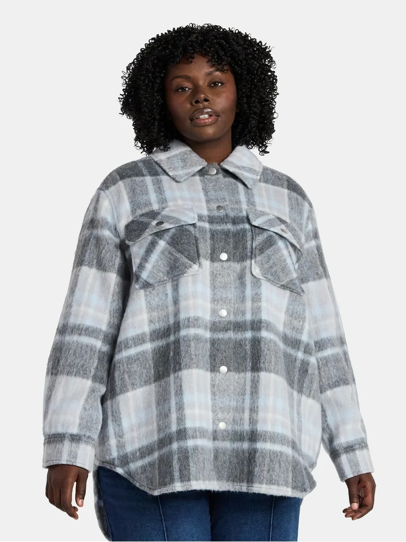 Terra & Sky Women's Plus Longline Brushed Plaid Shacket, Midweight, Sizes 0X-5X - Walmart.com | Walmart (US)