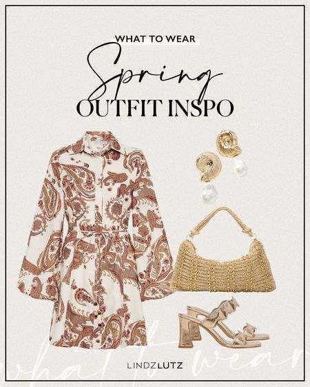 Spring Outfit Inspo 🤍 What I’m Wearing This Spring: patterned button up dress, shell earrings, metallic heels, and raffia shoulder bag

#LTKstyletip