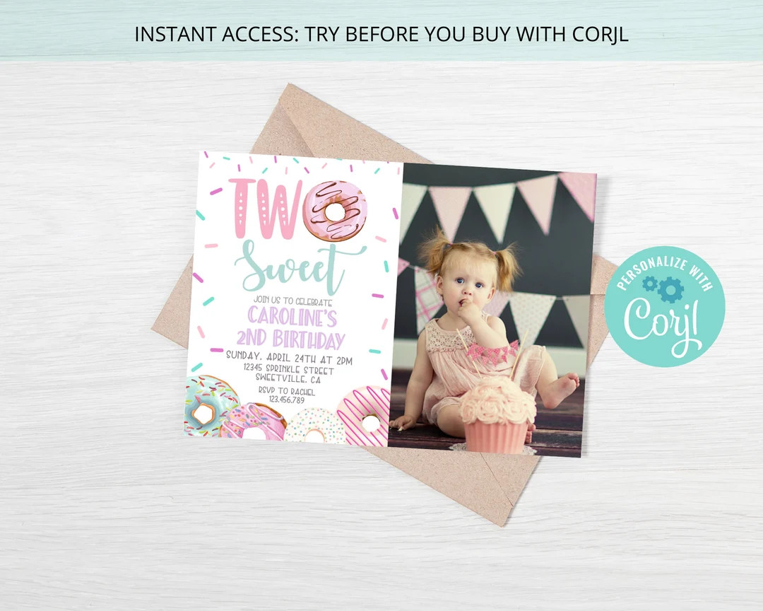 Two Sweet Donut Sprinkles 2nd Birthday Girl , Photo Invitation, Editable & Printable on Corjl | Etsy (US)