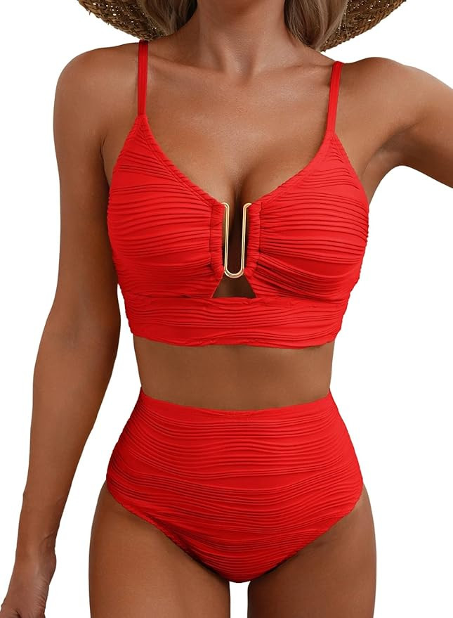 Herseas 2 Piece Bikini Set U-Wire Cutout Popular Swimsuit High Waisted Textured 2026 Summer Beach... | Amazon (US)