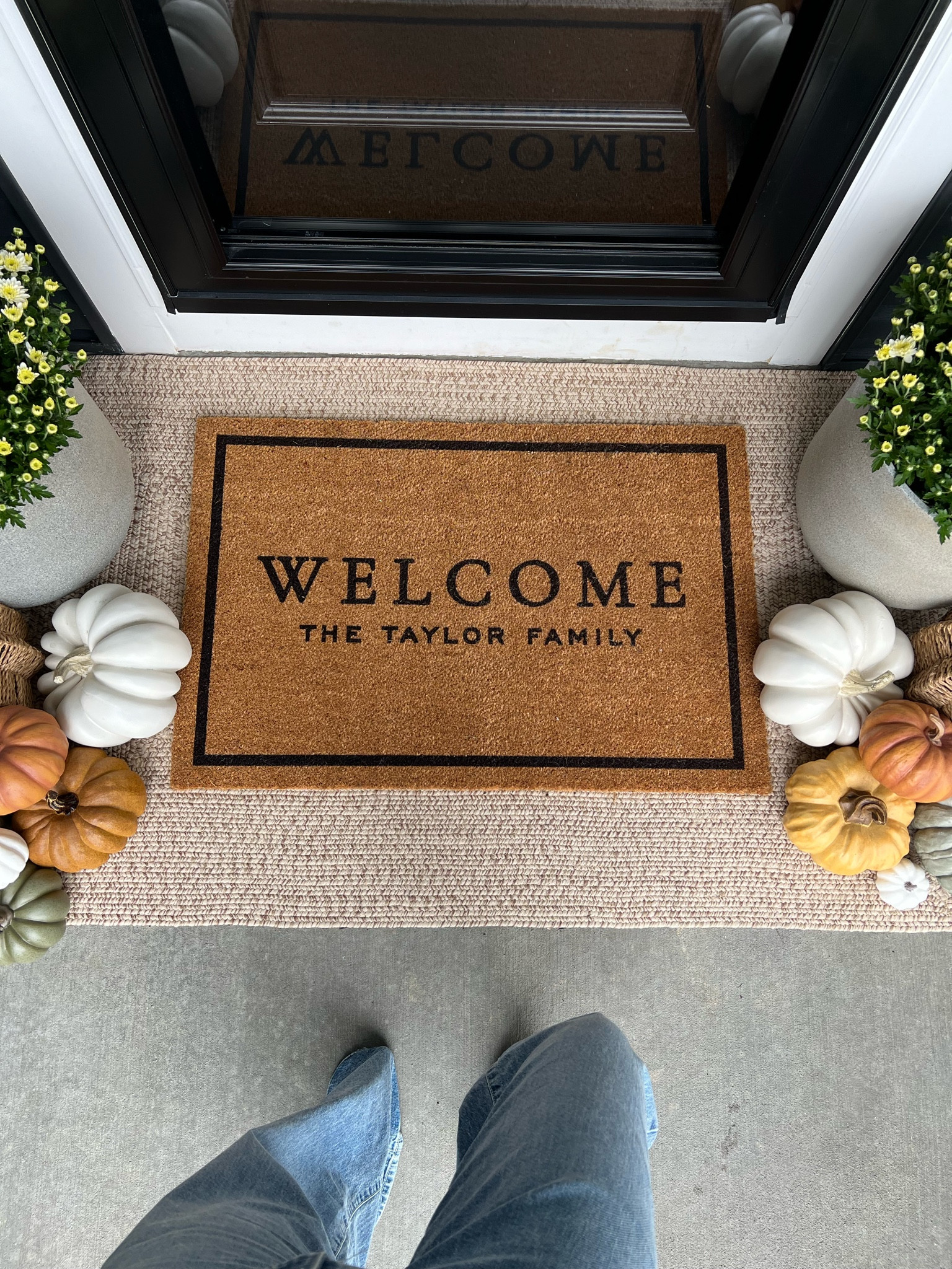 Fall porch / personalized welcome mat from Etsy / outdoor rug / faux  pumpkins — for the mat, I asked the seller to remove the dash in the middle as pictured in the listing 