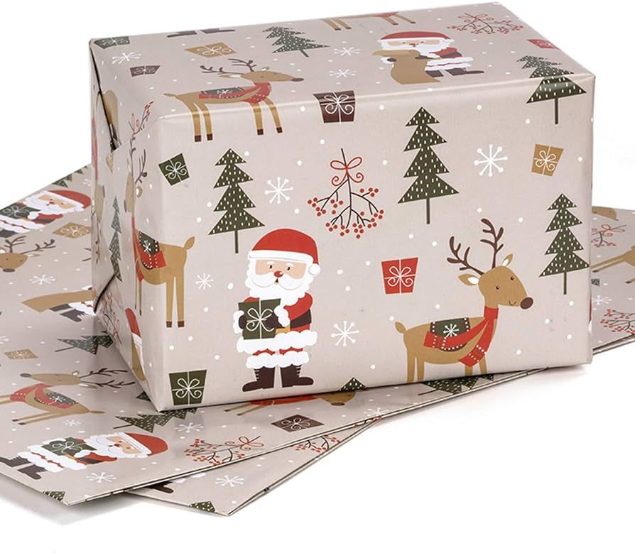 MAYPLUSS Christmas Wrapping Paper Large Sheet - Folded Flat - 3 Large Sheets - Gray Cute Santa D... | Amazon (US)