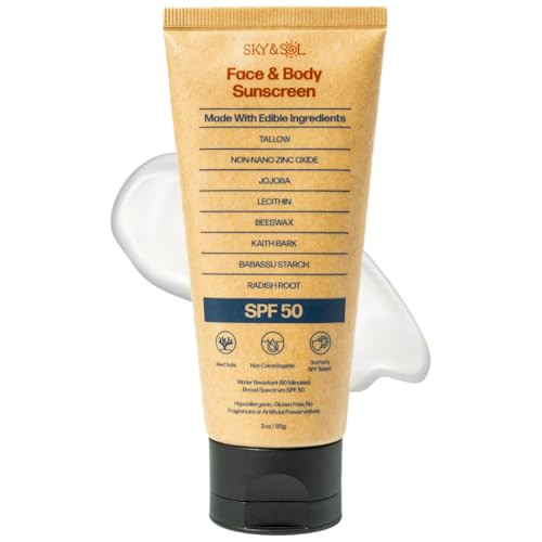 Sky and Sol Mineral Sunscreen SPF 50 | With Grass-Fed Tallow & Zinc Oxide | Non-Greasy Formula for Face & Body | Made Without Reef-Harming UV Filters | 3 oz (85 g) | Amazon (US)