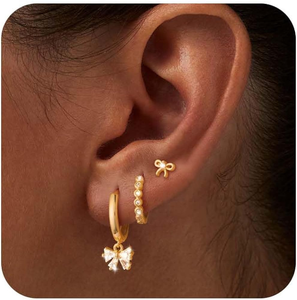 14K Gold Plated Small Dangle Hoop Earrings Set for Multiple Piercing Dainty Hypoallergenic Stud E... | Amazon (US)