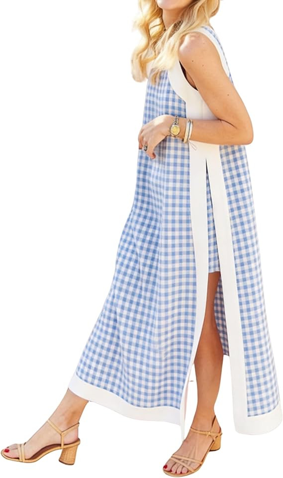 Hooever Women's Plaid Two Piece Sets Casual Summer Sleeveless Gingham Maxi Dress Matching Shorts | Amazon (US)