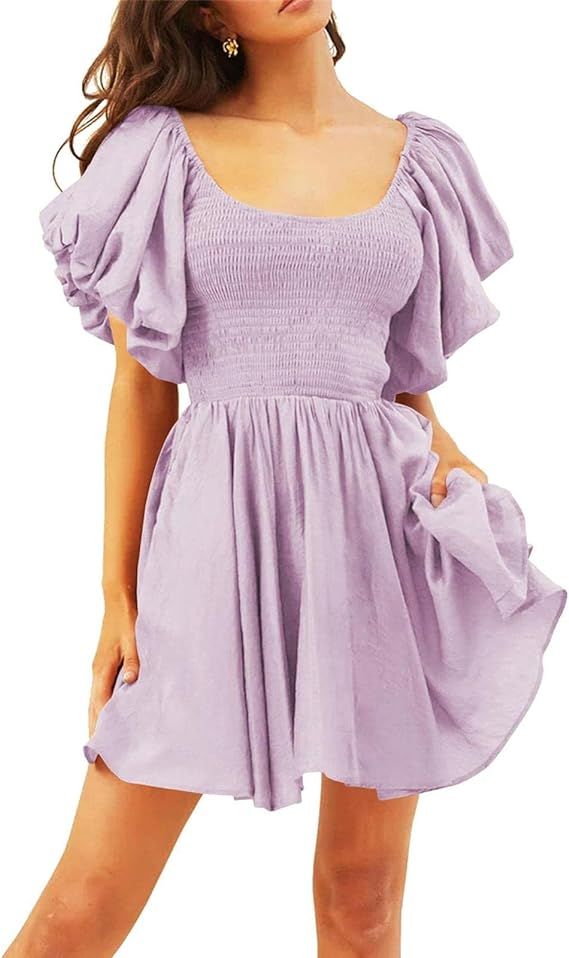 Huntarry Women's 2023 Summer Smocked Puff Sleeve Square Neck Dress for Women Off Shoulder Ruffle ... | Amazon (US)
