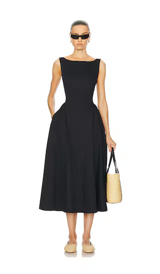 Stretch Cotton Sateen Midi Dress in Black | Revolve Clothing (Global)