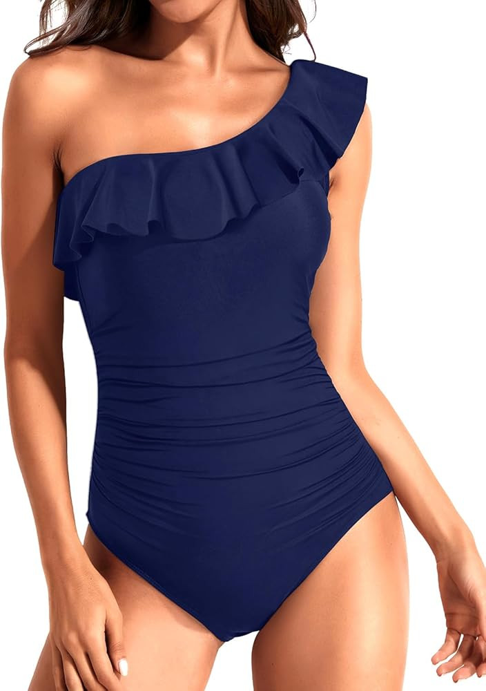 Tempt Me Women One Piece Swimsuits Tummy Control One Shoulder Bathing Suits Ruffle Swimwear | Amazon (US)