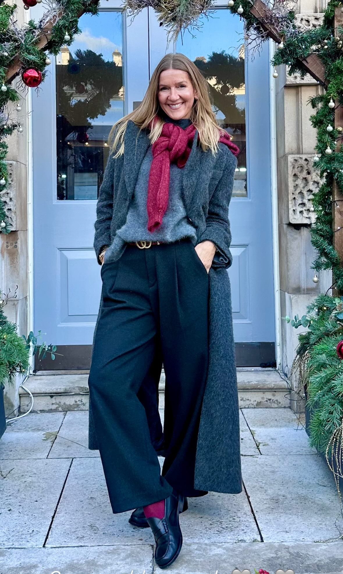 A lovely, Christmassy outfit that is both simple and cute! Festive | Warm | Winter | red | grey | black | loafers | Tailoring 

 #LTKwinter #LTKfestive #LTKstyletip