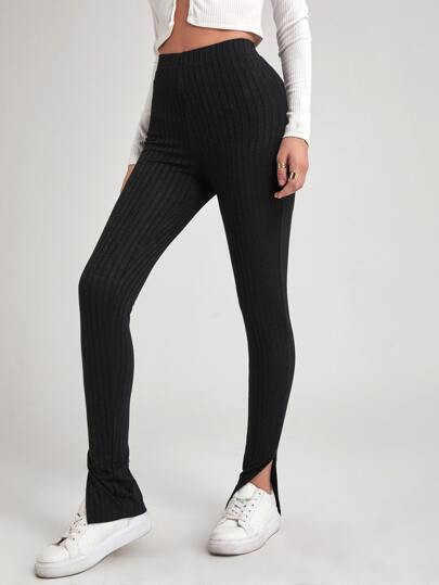 SHEIN Split Hem Rib-knit Fitted Pants | SHEIN