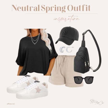 This neutral outfit idea pairs an oversized black tee with linen blend drawstring shorts, casual sneakers, a black NY hat, black sling bag, black sunglasses, a silver layered necklace, and silver huggie hoop earrings. 

Ootd, Sumer outfit, spring outfit, Amazon fashion, tall friendly style 

#LTKstyletip #LTKshoecrush #LTKfindsunder50