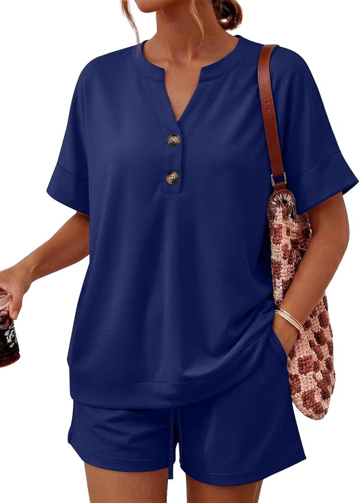 LILLUSORY 2 Piece Lounge Sets for Womens Airport Travel Vacation Outfits Henley Oversized T shirt... | Amazon (US)