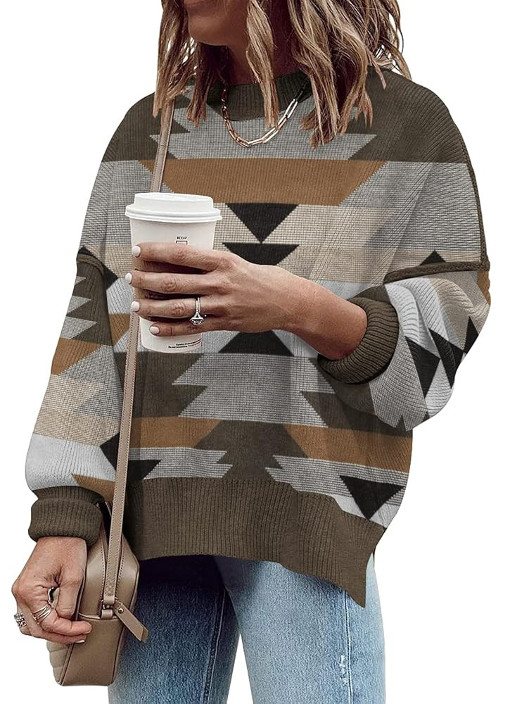 Women's Oversized Crewneck Sweaters Batwing Long Sleeve Side Slit Ribbed Knit Pullover Sweater To... | Amazon (US)