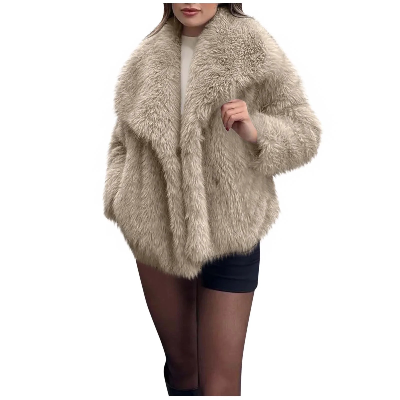 Women's Faux Fur Jacket Fall Winter Warm Long Sleeve Fluffy Lapel Shaggy Coat Soft Fuzzy Windproo... | Walmart (US)