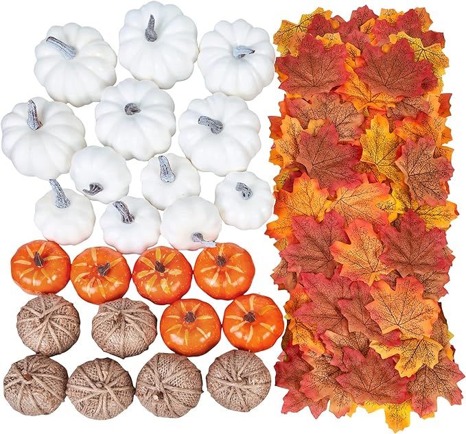 Fall Pumpkin Decor for Home, 124 Pcs Artificial Burlap Orange White Pumpkins Fake Maple Leaves Se... | Amazon (US)