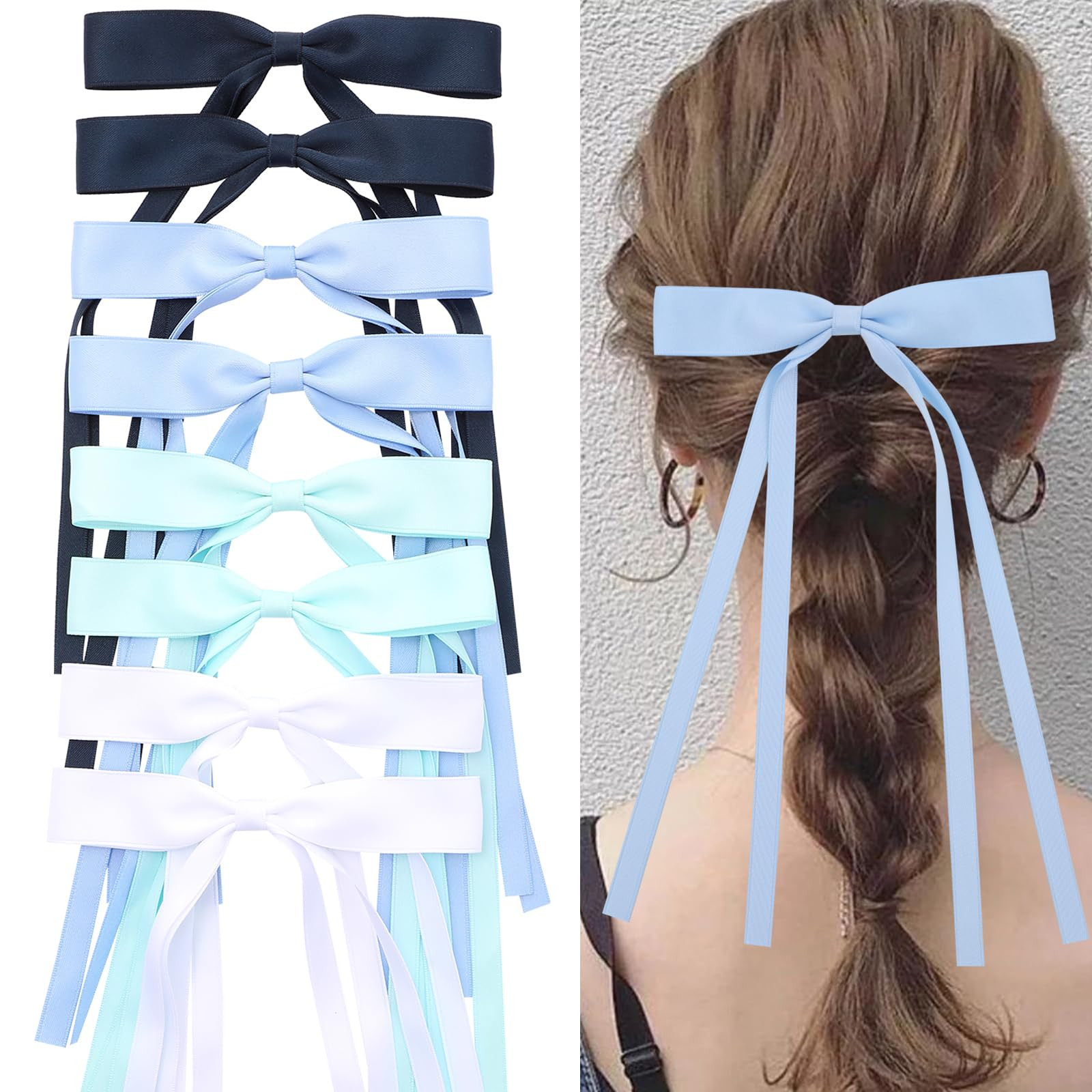 Hair Bows with Long Tails, Clips, and Barrettes for Women's Accessories (White, Blue, Navy Blue, ... | Amazon (US)