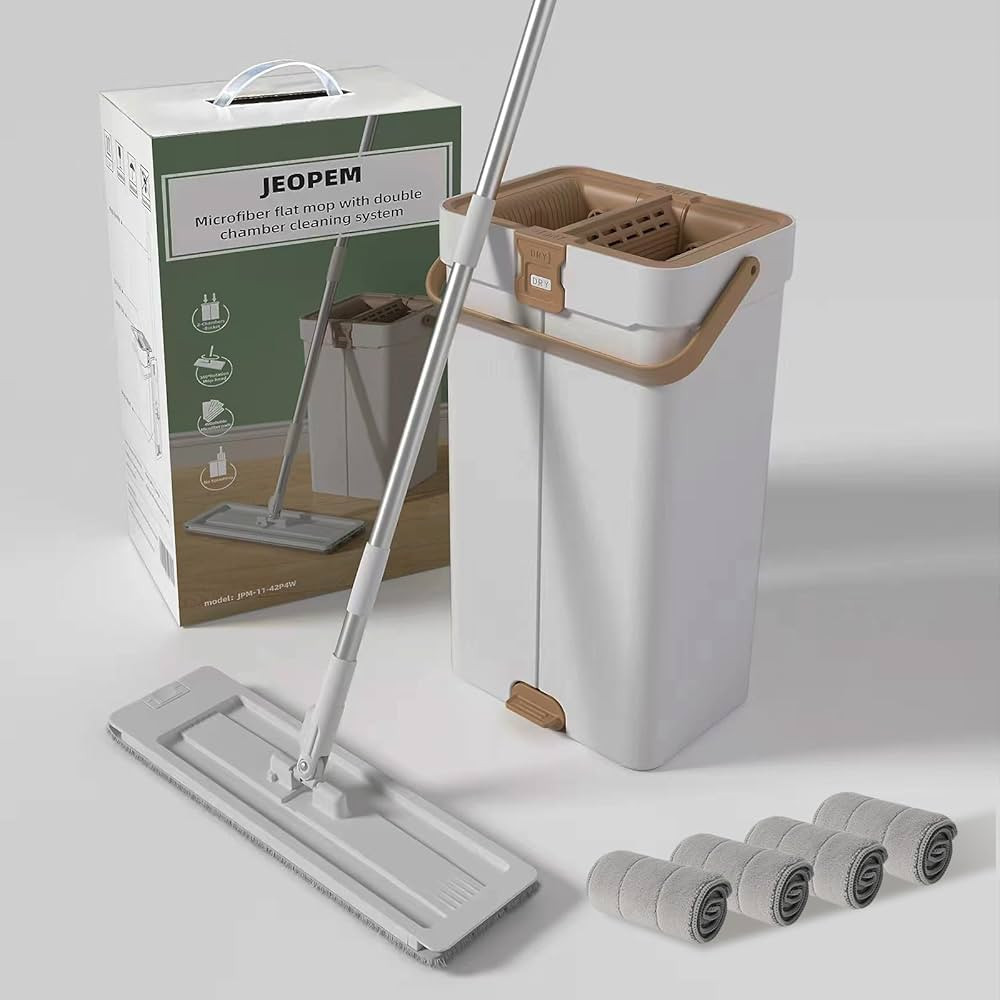 JEOPEM Flat Mop and Bucket with Wringer Set System, Mops for Hardwood Floor Cleaning with 4pcs Wa... | Amazon (US)