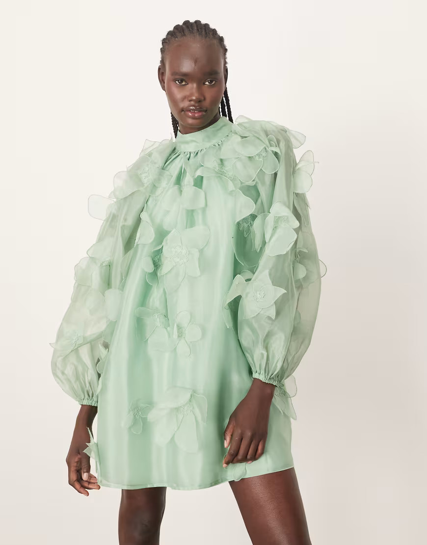 ARRANGE – Ausgestelltes, hochgeschlossenes Minikleid aus Organza in Hellgrün mit Blumenapplikation | ASOS (Global)