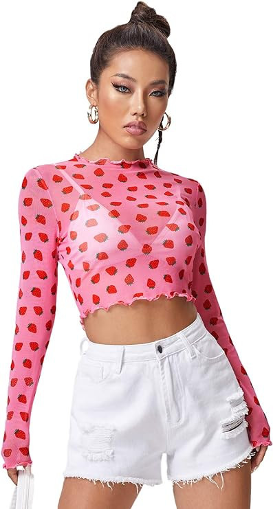 Floerns Women's Long Sleeve See Though Sheer Mesh Crop Tee Tops | Amazon (US)