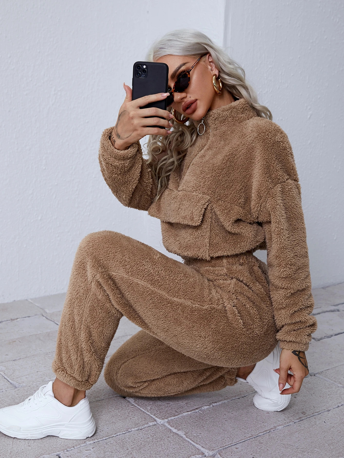 SHEIN O-ring Zip Up Pocket Front Teddy Pullover & Sweatpants Set | SHEIN