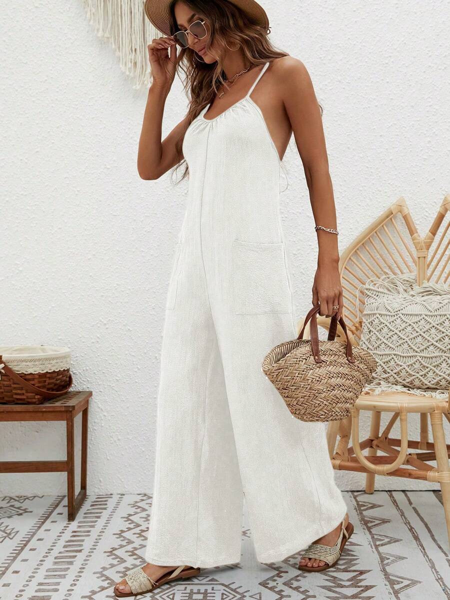 SHEIN VCAY Summer Beach Dual Pocket Wide Leg Cami Jumpsuit | SHEIN
