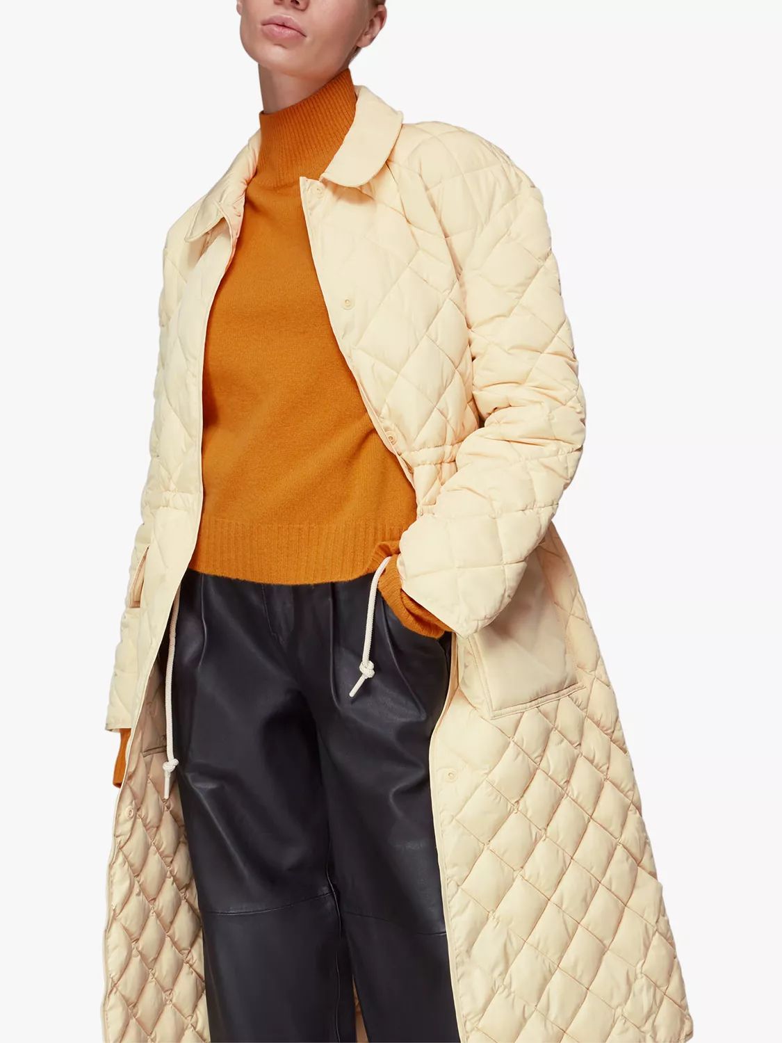 Whistles Clelia Long Quilted Coat, Pale Yellow | John Lewis (UK)