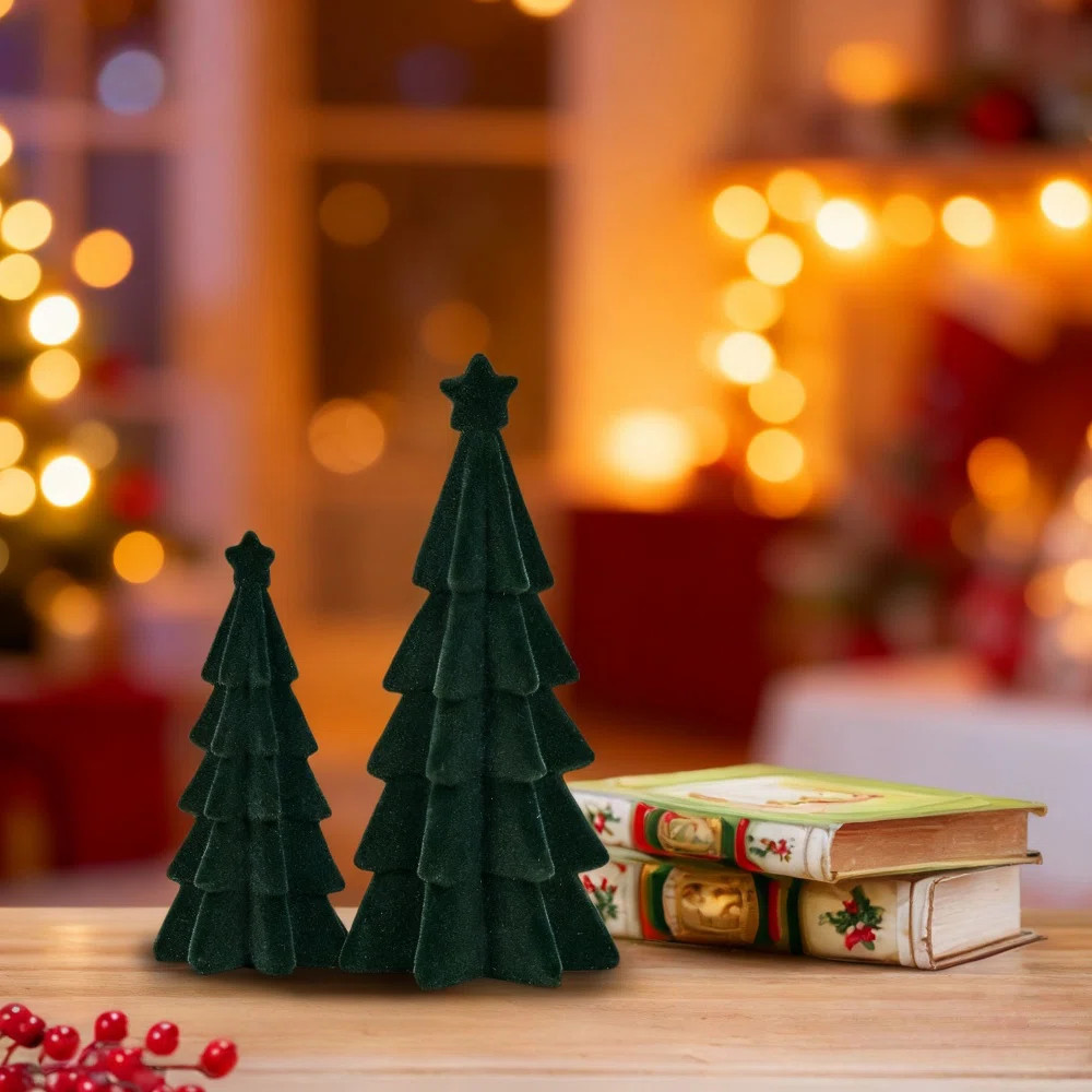 Set Of 2 Flocked Resin Christmas Tree Tabletop Decor | Wayfair North America