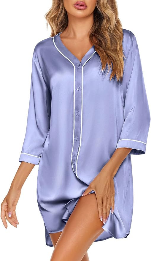 Ekouaer Satin Nightgowns Women's Silk Sleepwear Button Up Sleep Shirt Casual V Neck Pajama Dress ... | Amazon (US)