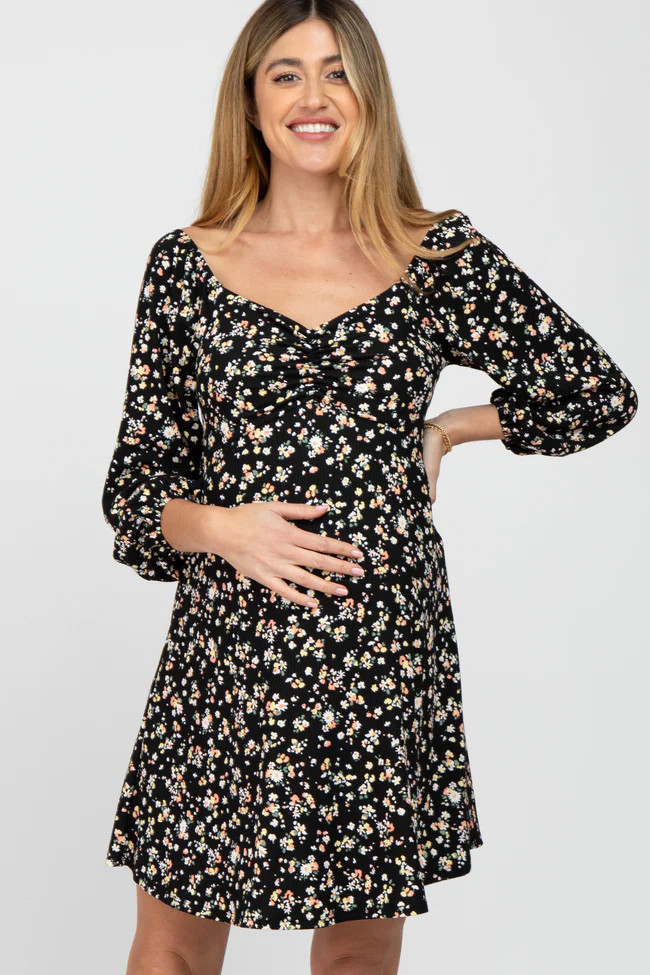 Black Floral Ribbed Ruched Bust Maternity Dress | PinkBlush Maternity