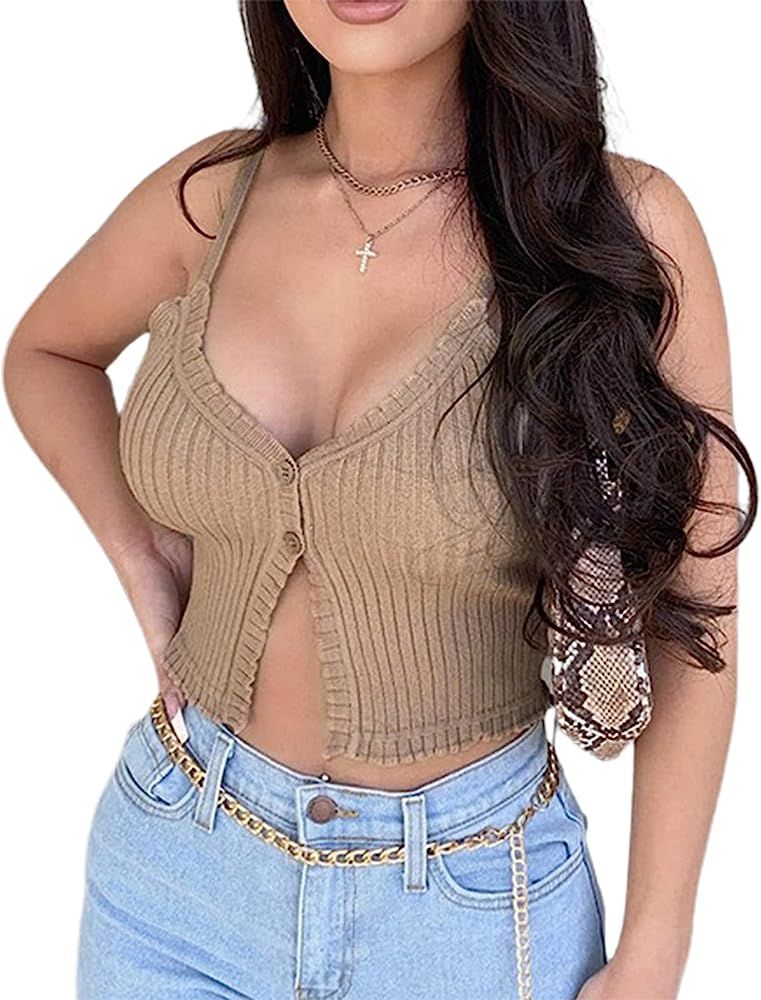 Women Sleeveless Solid Color Summer Knitting Low Collar Button Down Tank Top Summer Sexy Clothes | Amazon (US)