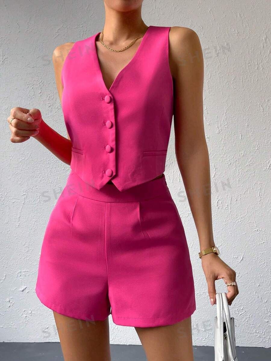 SHEIN BIZwear Solid Button Front Waistcoat & Shorts Workwear | SHEIN