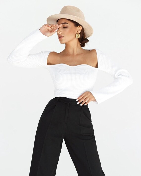 Knitted Sweetheart Neckline Top With Long Sleeves | Etsy | Etsy (US)