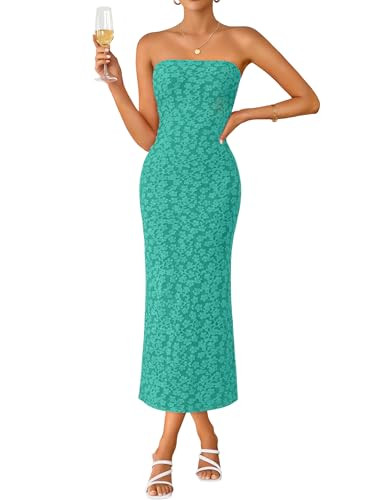 ZESICA Women's 2026 Summer Floral Strapless Bodycon Midi Dress Off Shoulder Beach Formal Cocktail Wedding Guest Long Dresses Peacock X-Large | Amazon (US)