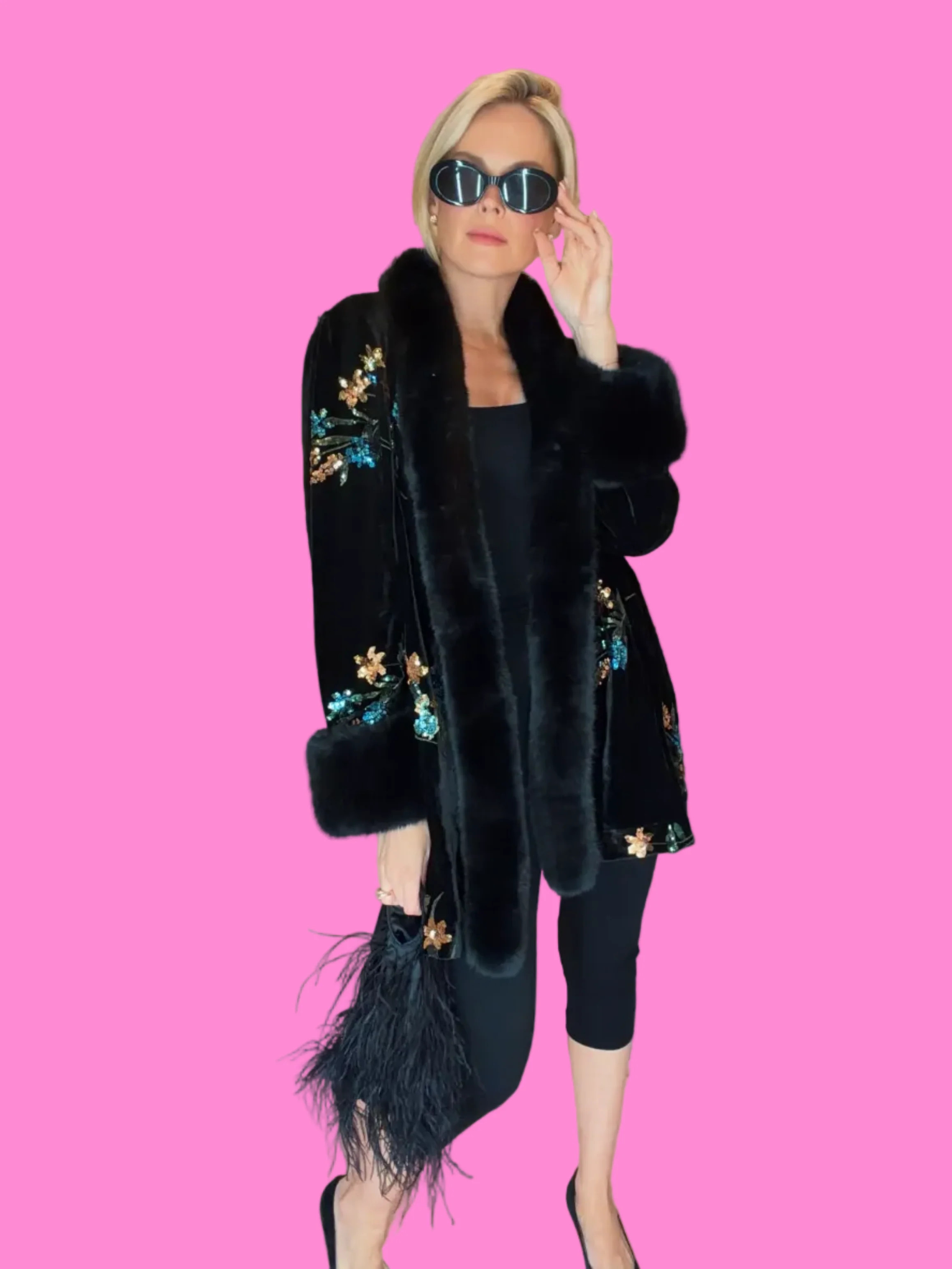 Velvet Embroidered Coat with Faux Fur Trim | Teggy French