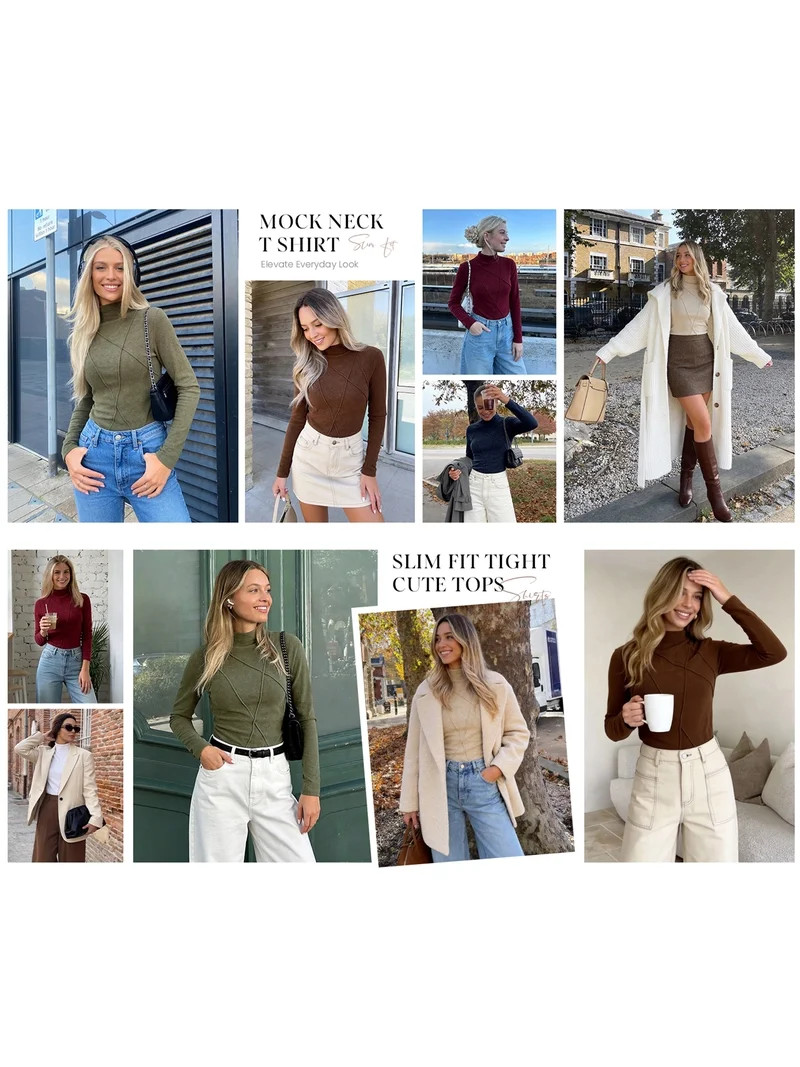 PRETTYGARDEN Women's Fall Mock Neck Long Sleeve Shirts | Soft Stretchy Knit,Geometric Seam Stitch... | Walmart (US)